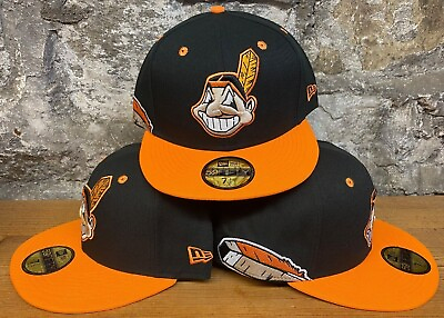#ad Cleveland Indians Wahoo New Era Fitted Club 59Fifty Feather Hat Black Orange $75.00