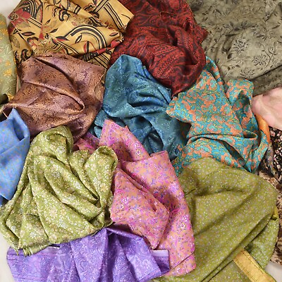 #ad Sanskriti Vintage Pure Silk Printed Felting Quilting Craft Fabric 3 Piece Soft $3.99