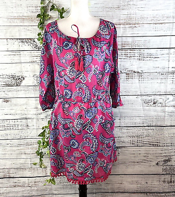 #ad Talbots Dress Cover Up size Large Pink Blue Paisley Tassels Beach Cruise Summer $22.97