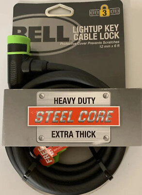 #ad Bike Lock Bell Lightup Key Cable Lock 12 mm x 6ft Heavy Duty Black and Green NEW $15.12