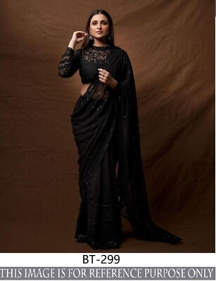 Women#x27;s Black Sequins Cocktail Party Wear Georgette Saree Pakistani Sari Blouse $40.49