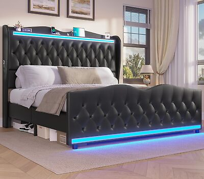#ad Queen Size Platform Bed Frame with Wingback Headboard Upholstered Solid Wood Bed $259.99