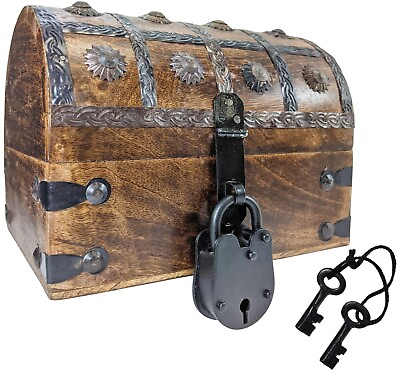 Pirate#x27;s Treasure Chest Wooden Nautical Jewelry Box with Functional Lock and Key $26.99