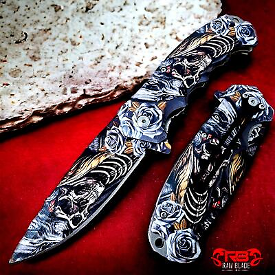 #ad 8.5quot; TACTICAL SKULL PRINT HANDLE SPRING ASSISTED FOLDING POCKET KNIFE Blade Open $14.36