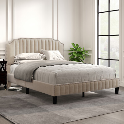 #ad Queen Size Modern Linen Curved Upholstered Platform BedSolid Wood Bed FrameUS $219.99