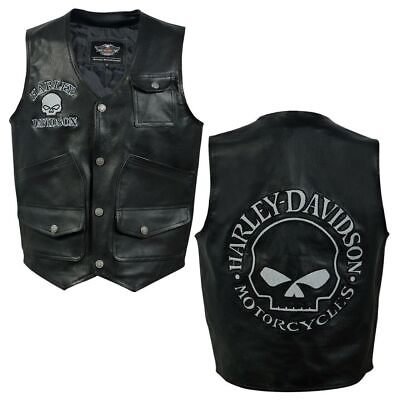 #ad Harley Men#x27;s Reflective Skull Real Leather Black Motorcycle Vest HD Ves C $179.99