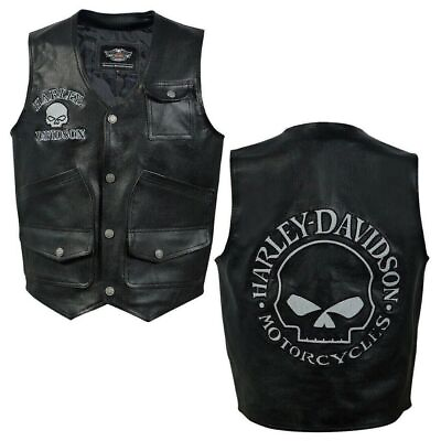 #ad Harley Men Reflective Skull Real Leather Black Motorcycle Vest Fashion Leather $85.00