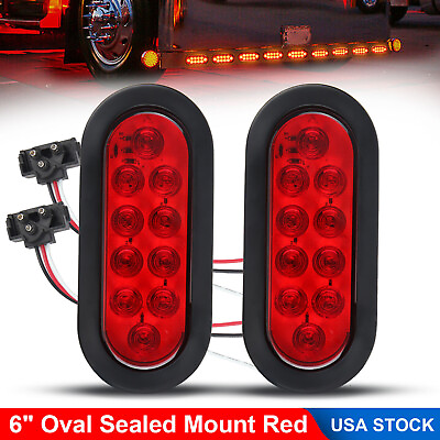 #ad #ad 2 Red 6quot; Oval Trailer Lights 10 LED Stop Turn Tail Truck Sealed Grommet Plug DOT $13.99