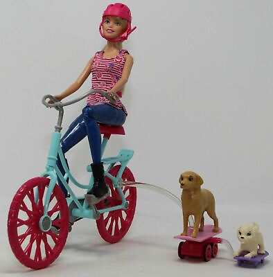 #ad Barbie Spin N Ride Pups Playset 2014 Mattel Doll Bike Dogs Discontinued HTF EUC $59.25