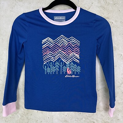 #ad Eddie Bauer Shirt Girls Sz S 7 8 Blue Mountain Fox Forest Graphic Long Sleeve $7.99