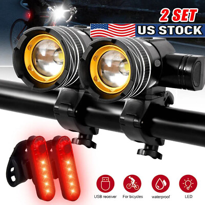 #ad 2Set LED USB Mountain Bike Lights Bicycle Torch FrontRear Lamp Kit Rechargeable $18.04
