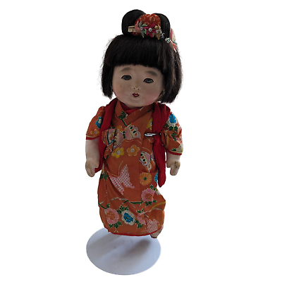 #ad #ad Vintage Japanese Ichimatsu Girl Doll Red Robe over Red Floral Print Kimono 12quot; $36.00