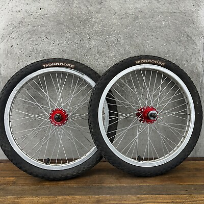 #ad Mongoose BMX Wheel Set 48 Hole Mongoose Tires Red Hubs 90s 00s Mid School 3 8quot; $129.99