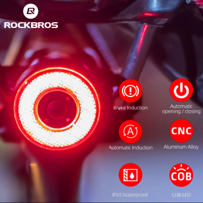 #ad ROCKBROS Smart Bike Rear Light Auto Brake Sensing Waterproof Bicycle Taillight $16.99