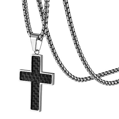 #ad Cool Boys Mens Stainless Steel Carbon Fiber Cross Pendant Necklace Women Chain $15.99