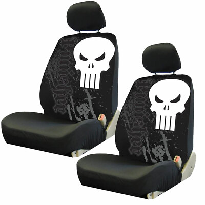 #ad NEW Punisher White Skull Car Truck 2 Front Seat Covers with Headrest Covers $48.96