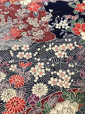 #ad #ad @@ Vintage Japanese kimono silk fabric smooth crepe navy blue base PA75 $7.90