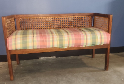 #ad Mid Century Cane Bench Or Sette With PLAID UPHOLSTERY $700.00