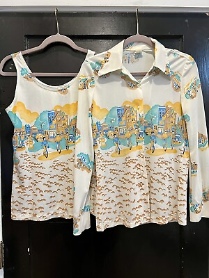 #ad Vtg 70s Disco Blouse And Tank Top. Bike City Print. Modern Small Slim Collared $29.99