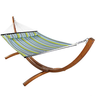 #ad 2 Person Quilted Hammock with Curved Wooden Stand Blue Green by Sunnydaze $365.00