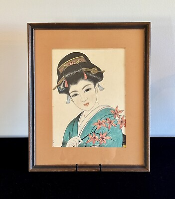#ad Vintage Japanese Original Signed Geisha Watercolor Painting 17.5” x 14.25” $189.75