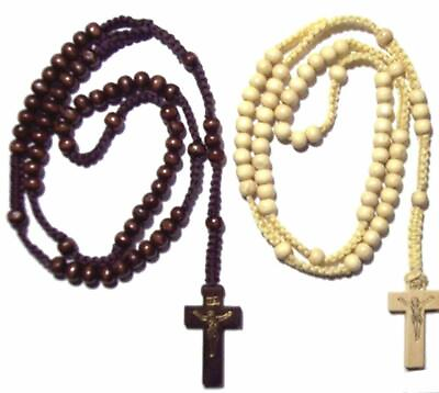 2pc Ivory amp; Brown Colored Wooden Beads Rosary Necklaces with Jesus Imprint Cross $11.26