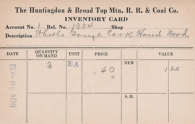 #ad HUNTINGDON amp; BROAD TOP MOUNTAIN RAILROAD amp; COAL COMPANY INVENTORY CARD 1933 🚂 $9.53