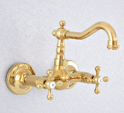 Gold Brass 2 Hole Wall Swivel Spout Kitchen Sink Faucet Basin Mixer Tap 2sf617 $51.35