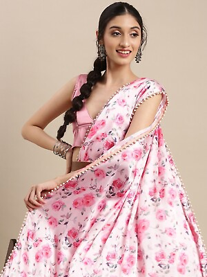 Printed Floral Print Bollywood Satin Saree Unsticthed Blouse Piece Free Ship $34.43