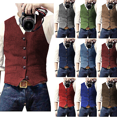 #ad #ad Mens Tweed Vest Vintage Cowboy Herringbone Groom Waistcoat S M Large XL XXL 3XL $29.99