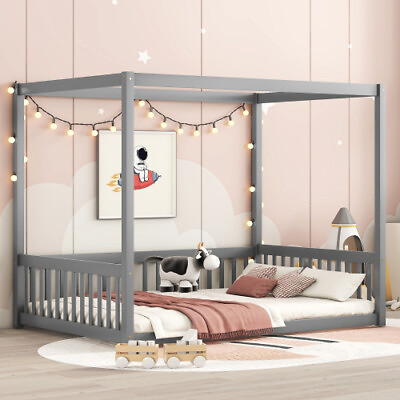 #ad Twin Full Size Floor Bed w Fence Kids Canopy Platform Bed Solid Wood Bed Frames $199.99