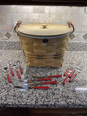 #ad Peterboro Basket Co Picnic Basket braided Handles lid insert utensils picnic mat $75.00
