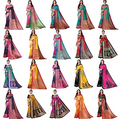Women#x27;s Printed Poly Silk Saree with Blouse $15.97
