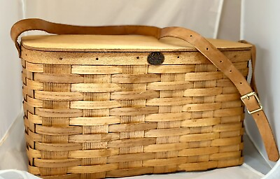 #ad PETERBORO Basket Co Large PICNIC BASKET Lined LEATHER STRAP Made In The USA $149.00