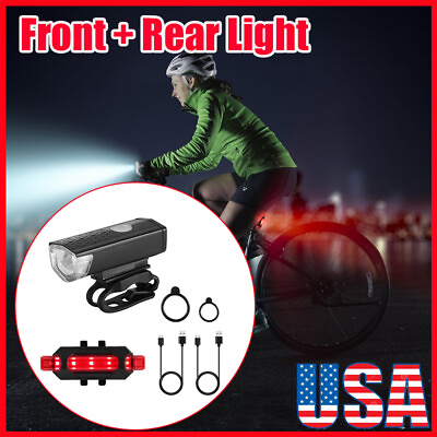 #ad USB Rechargeable LED Bicycle Headlight Bike Head Headlight Back Taillight Set $6.85