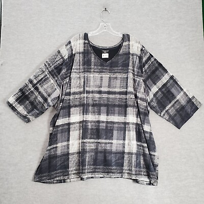 #ad Catherines Women Top 5x Gray Plaid Tunic Blouse 3 4 Sleeve V Neck $19.89