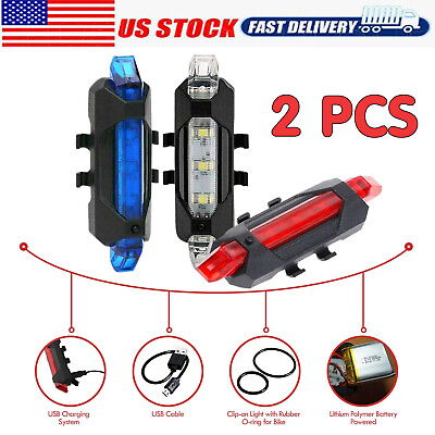 #ad 2×USB Rechargeable LED Bike Lights Set Headlight Taillight Caution Bicycle Light $5.99