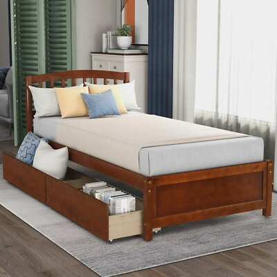 #ad Twin Platform Storage Bed Wood Bed Frame with Two Drawers and Headboard Walnut $319.99