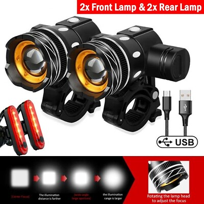 #ad 2Set LED USB Mountain Bike Lights Bicycle Torch FrontRear Lamp Kit Rechargeable $18.79