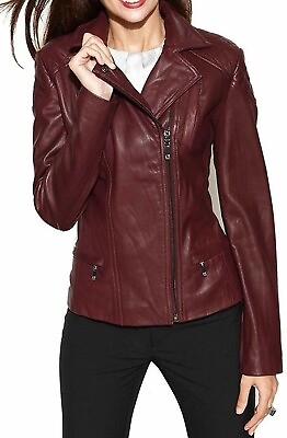 #ad Cool Women#x27;s Genuine Lambskin Leather Jacket Soft Biker Coat Burgundy Motorcycle $129.99