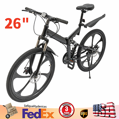 #ad 26quot; Folding Mountain Bicycle Bike Carbon Steel Full Suspension MTB Disc Brake $232.01