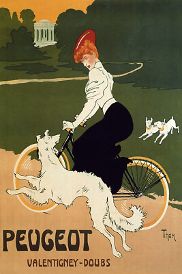 #ad BICYCLE RIDING BIKE DOGS CYCLES PEUGEOT VALENTIGNEY FRANCE VINTAGE POSTER REPRO $10.96