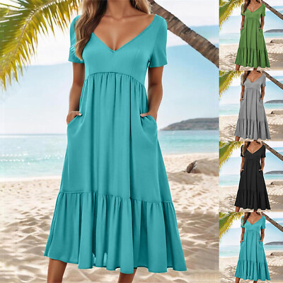 #ad #ad Summer Womens Solid Short Sleeve Pencil Ruffled Dress V Neck Midi Dresses Beach $23.05