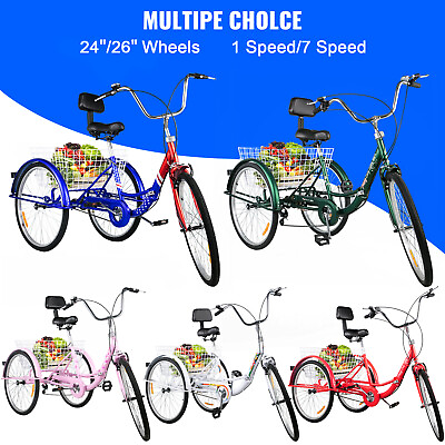 Vevor Foldable 24quot; 26quot; 1 7 Speed Adult Trike Tricycle 3 Wheel Bike w Basket $193.29