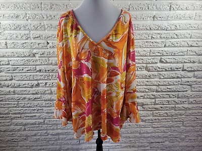 #ad Russell Kemp Womens Top 5X Bell Sleeve Waffle Knit Orange Floral Bright Casual $22.49