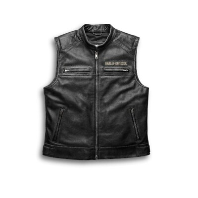 #ad Harley Davidson Men#x27;s Genuine Motorcycle Black Leather Biker Vest Motorbike Men $89.99