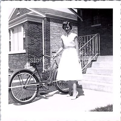 Old Found Photo 50s Woman Holds Her Bicycle Up By Stairs In The Sunshine $7.99
