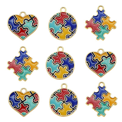 #ad 9pcs Assorted Mixed Enamel Autistic Puzzle Pieces Charms Pendant DIY Accessories $3.70