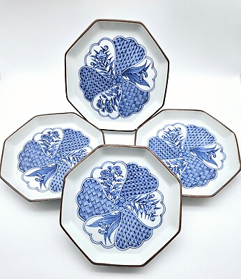 #ad #ad Four Vintage Japanese Porcelain Blue amp; White Floral Signed Footed Plates $99.00