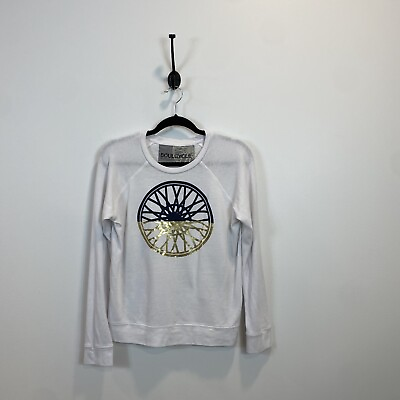 #ad SoulCycle Medium White Long Sleeve Knit Pullover Sweater Top Bike Wheel Graphic $12.99